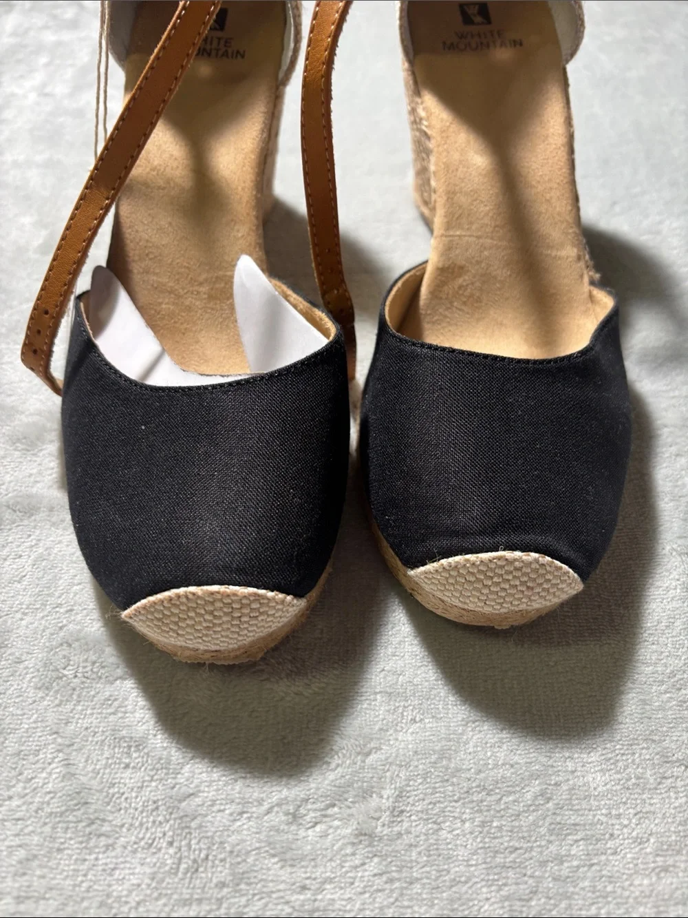 White Mountain Black and Tan Espadrille Wedge Sandals